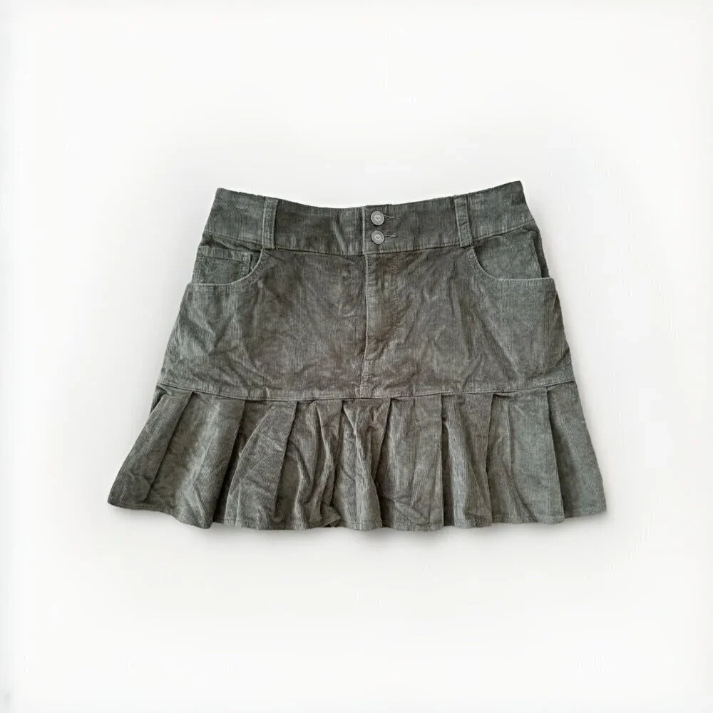 Hollister Corduroy Pleated Mini Skirt Womens S Army Green High Waist w Pockets